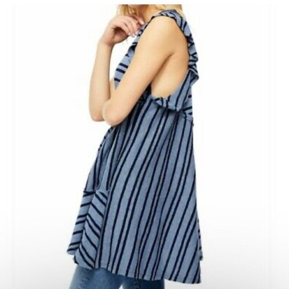 Free People Blue Striped Tunic Dress Between the Lines XS Flutter Ruffles Linen - Picture 2 of 16